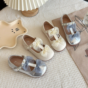 Girls Pearl Princess Shoes 2025 Spring and Summer New Mesh Double Bow Performance Shoes Little Girls Solid Color Shoes