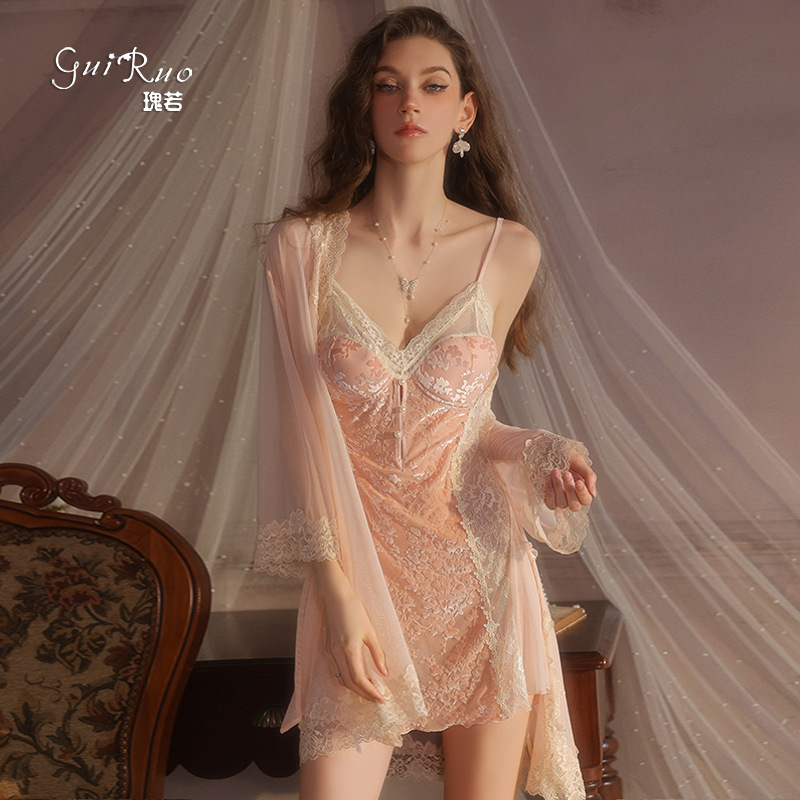 Guiro Brand Accessible Luxury Pajamas Sexy Push-Up Plus Breast Pads Sweet Temptation Velvet Nightgown Outer Robe Set C5928 Guiro Brand Accessible Luxury Pajamas Sexy Push-Up Plus Breast Pads Sweet Temptation Velvet Nightgown Outer Robe Set C5928