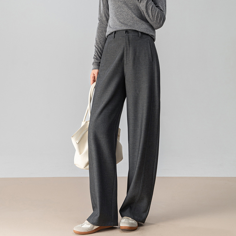 Xingge Wool Gray Straight-Leg Suit Pants for Women, New Spring Style, Draped Casual Trousers, Wide-Leg Pants