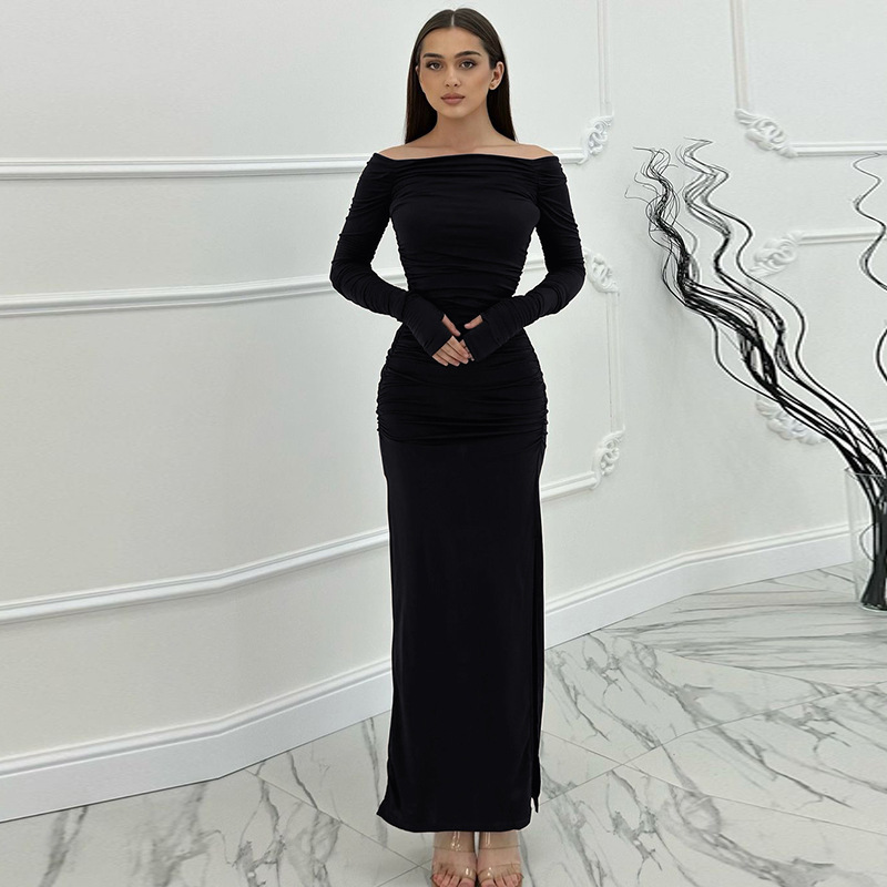 2024 otoño estilo europeo y americano nuevo estilo estilo de moda de un cuello sexy apertado plegado vestido de bifurcación lateral image 3