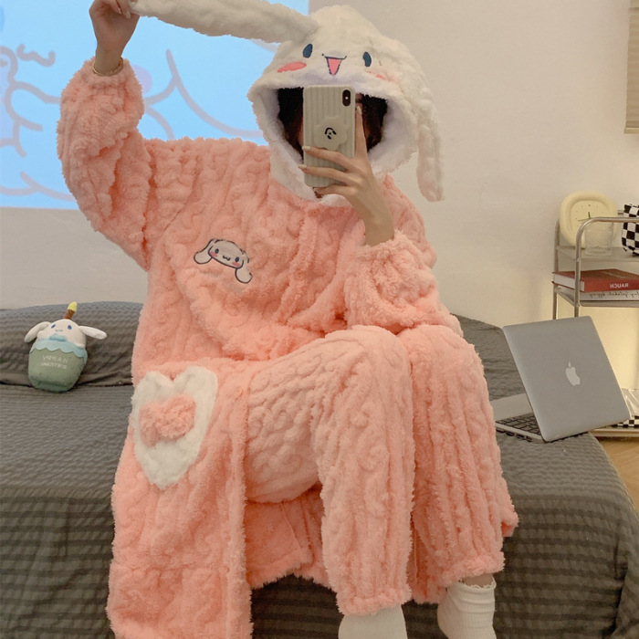 2024 pijamas de otoño e invierno camisón de franela para niñas engrosado forro polar de coral con capucha lindo traje de homewear image 7