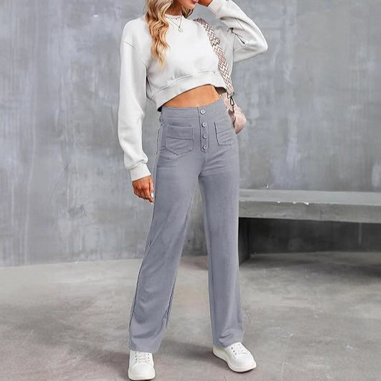 2024 Amazon European and American Fashion New Women's Casual Straight Pants with High Waist Buttons and Elasticity with Multiple Flap Pockets 2024 Amazon European and American Fashion New Women's Casual Straight Pants with High Waist Buttons and Elasticity with Multiple Flap Pockets