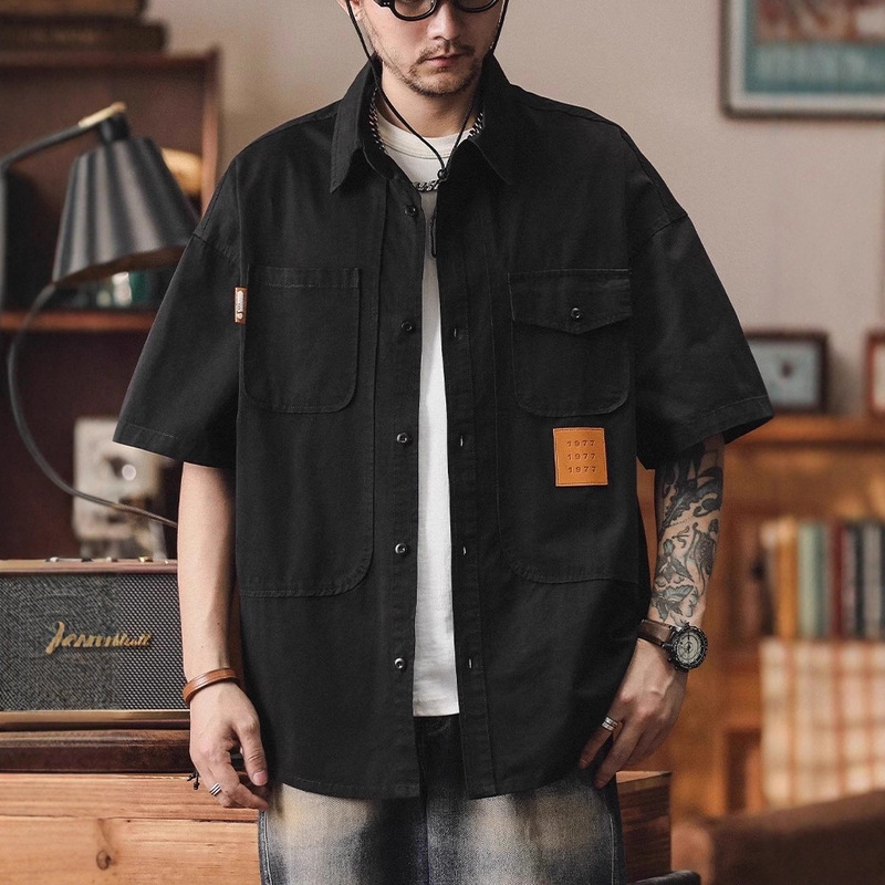 Plus Size 150kg American Retro Black Short-Sleeved Shirt Men's Heavy Cotton Loose Outer Casual Work Shirt 2