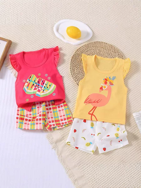 Summer new girls short sleeve suit small fresh children's cotton cartoon vest small fly sleeve short sleeve shorts