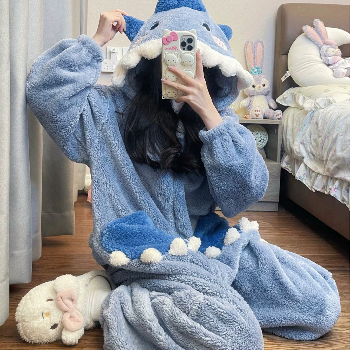 Зимний пижама, милая акула, коралловый велюровый флисовый халат с капюшоном, увеличенная толщина