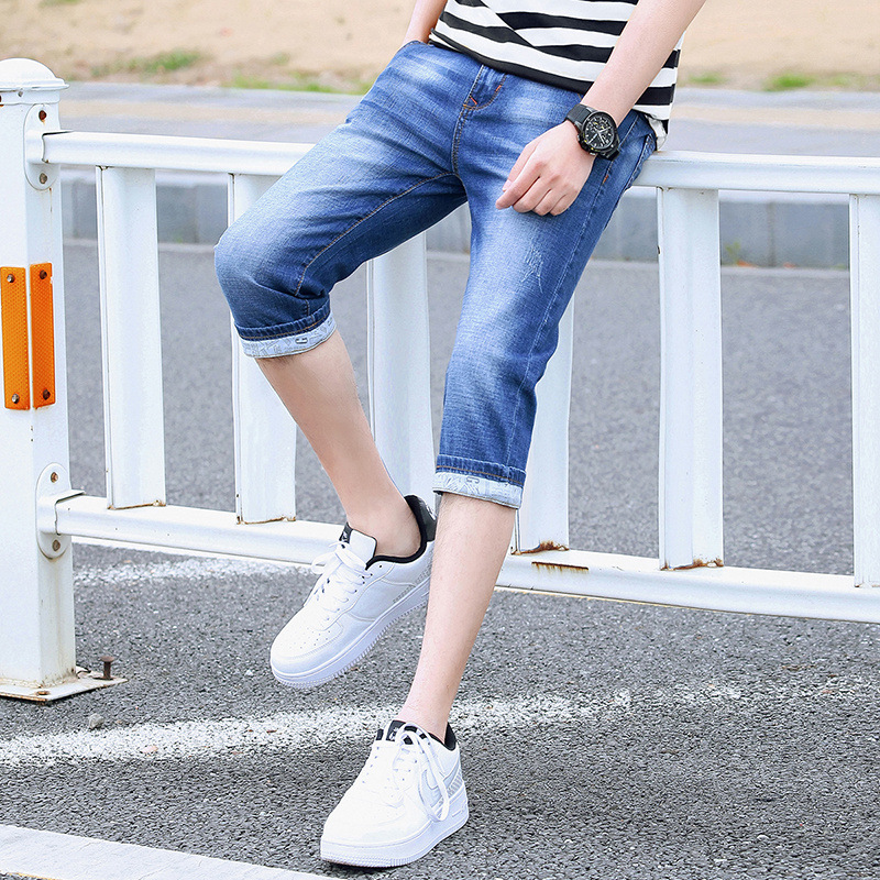 Cropped Pants Men's Teenager Korean Style Slim-fit Small Straight Men's Pants Fashionable Brand Lightweight Breathable All-match Casual Jeans for Men