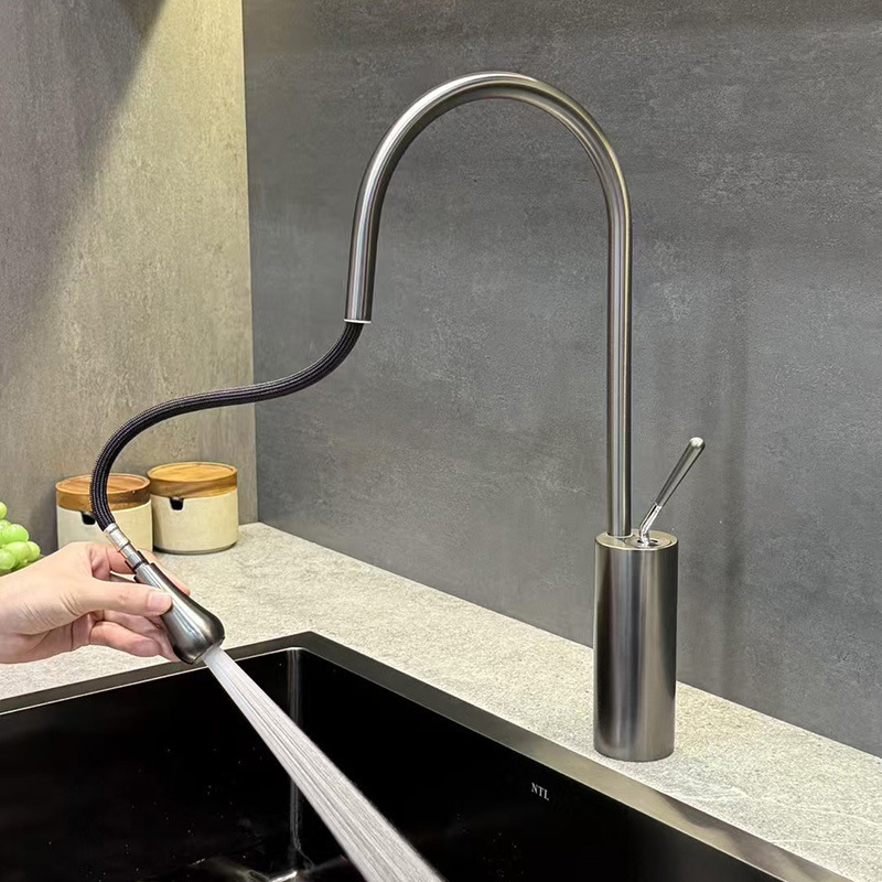 Cross-border cream white stainless steel water drop kitchen pull-out swivel universal faucet for sink and basin, hot and cold water tap Cross-border cream white stainless steel water drop kitchen pull-out swivel universal faucet for sink and basin, hot and cold water tap
