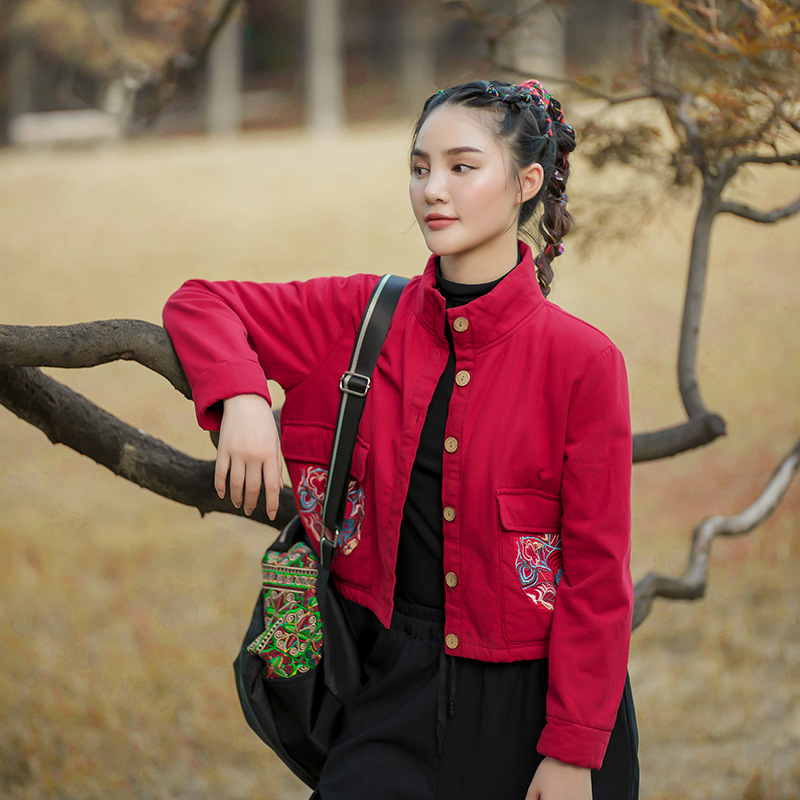 短款棉衣2025秋冬新款民族风女装休闲刺绣加绒保暖夹克外棉套女