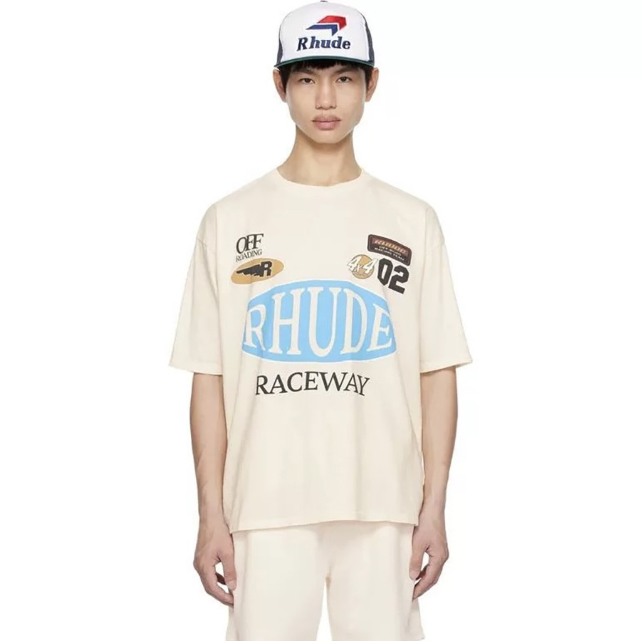 Nuevo color a juego RHUDE lema insignia carta de impresión retro calle hombres y mujeres pareja suelta manga corta Camiseta moda