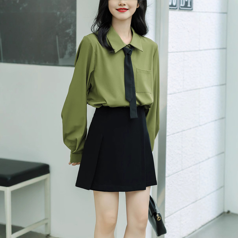 Spring and Summer Lantern Long-sleeved Top Design Niche High-grade Draped Aocado Green Tie Chiffon Shirt Women Spring and Summer Lantern Long-sleeved Top Design Niche High-grade Draped Aocado Green Tie Chiffon Shirt Women
