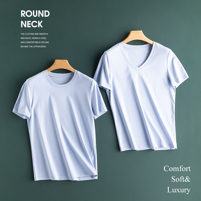 22-year-old New Mulberry Silk Mercerized Cotton Cool Women's T-shirt Simple Round Neck V-neck 13-color Solid Color Slimming Short-sleeved Women's T-shirt