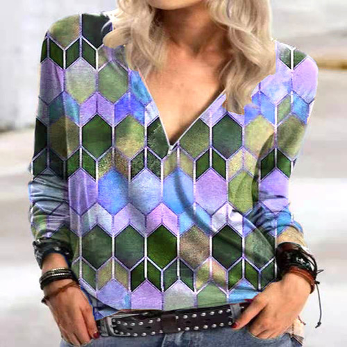  New European and American Women's Clothing eBay Bestseller Street Fashion Women's Top with Geometric Print Zipper Long Sleeve T-Shirt for Women