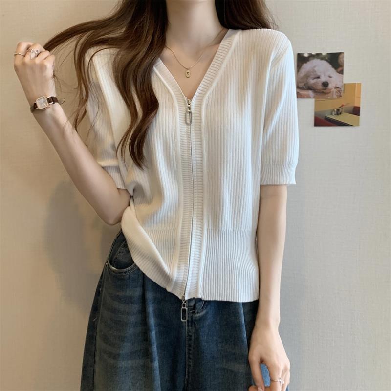 Más tamaño de las mujeres de estilo coreano que cubre el vientre de seda de hielo de manga corta de fondo suéter de imitación de verano de las mujeres chica gordita que adelgaza la cremallera del hombro image 5