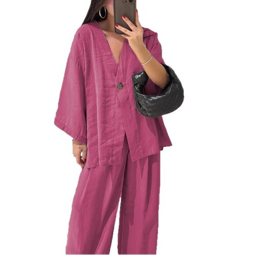 2026 women's fashion casual suit V-neck one-button loose long-sleeved top high-waisted trousers two-piece set