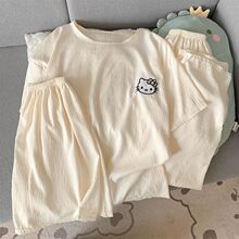 睡衣三件套女夏季云朵棉短袖短裤长裤圆领夏天纯色卡通家居服套装