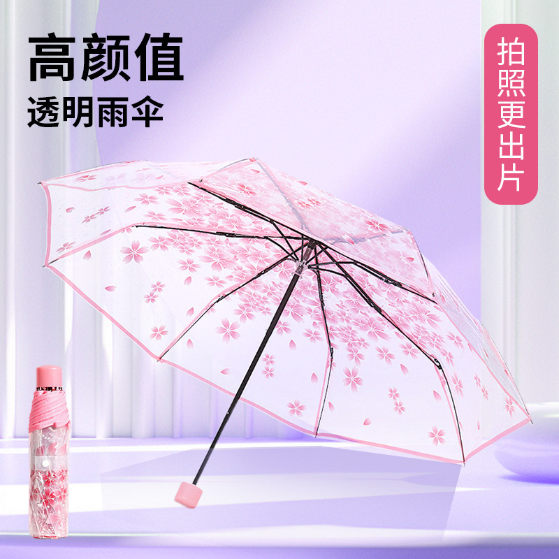 Transparent Folding Umbrella Cherry Blossom Creative Internet Celebrity Umbrella Ins Small Fresh Style Student Thickened Mori Style Tri-Folding Portable Umbrella Transparent Folding Umbrella Cherry Blossom Creative Internet Celebrity Umbrella Ins Small Fresh Style Student Thickened Mori Style Tri-Folding Portable Umbrella