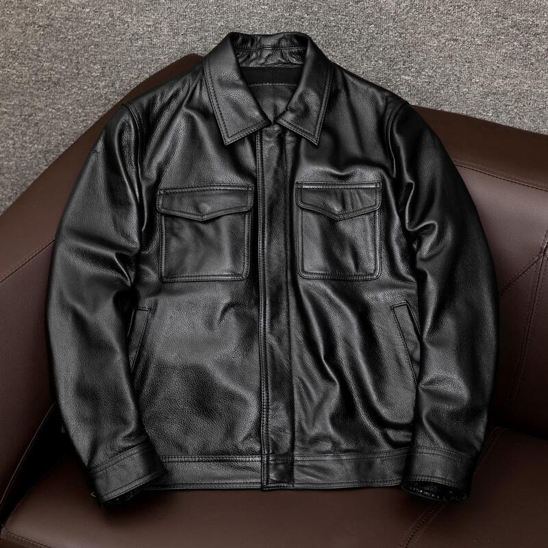 New Style Genuine Leather Jacket Men's Special Price Lapel Short Cowhide Pattern Leather Jacket Plus Cotton Large Size Leather Jacket Autumn and Winter Trend