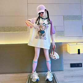 女童短袖t恤2025新款夏季卡通拼色体恤大童夏装衣服洋气时髦上衣