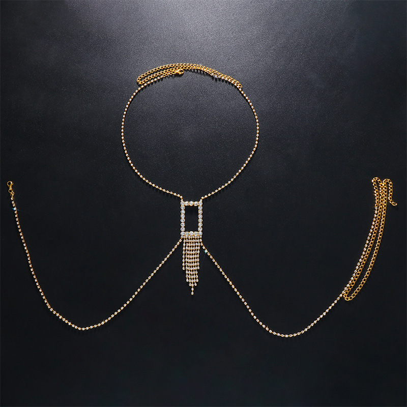 Nueva joyería transfronteriza rhinestone cuadrado borla corta cadena del pecho moda sexy cadena del cuerpo femenino