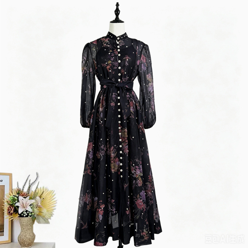 Real Shot of a French-Style Elegant Ladylike Dress with Rhinestone Embellishments, Lantern Sleeves, Small Stand Collar, Waist-Cinching Tie, and Large Hemline Real Shot of a French-Style Elegant Ladylike Dress with Rhinestone Embellishments, Lantern Sleeves, Small Stand Collar, Waist-Cinching Tie, and Large Hemline