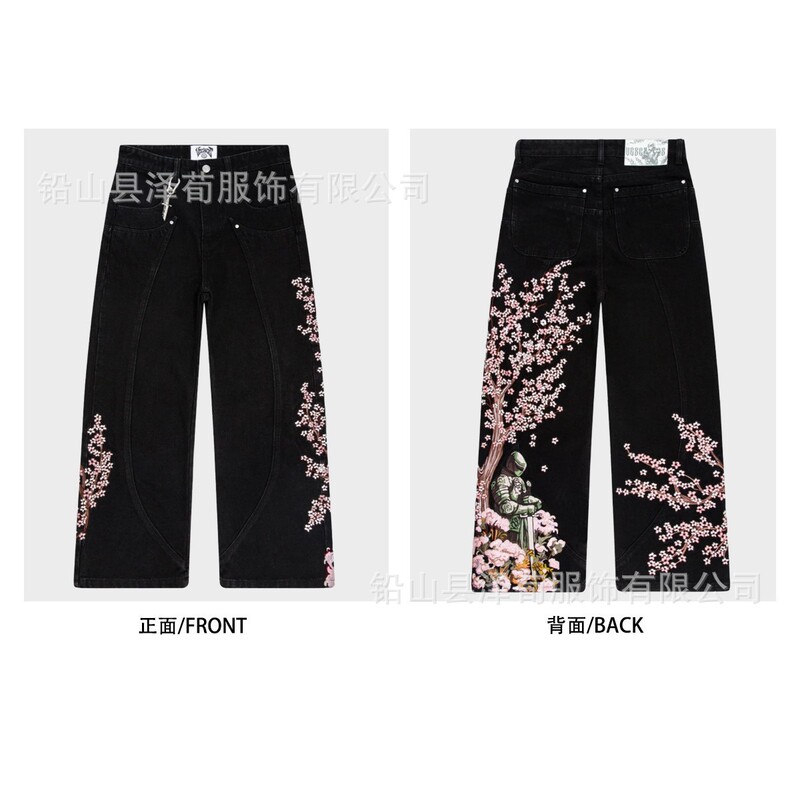 European and American Cross-Border Cherry Blossom Print Jeans Vescartes Straight Loose Washed Denim Pants Knight Angel European and American Cross-Border Cherry Blossom Print Jeans Vescartes Straight Loose Washed Denim Pants Knight Angel