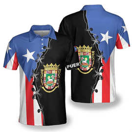 波多黎各国旗地图3D打印马球衫男士服装休闲夏威夷花青蛙马球衫儿