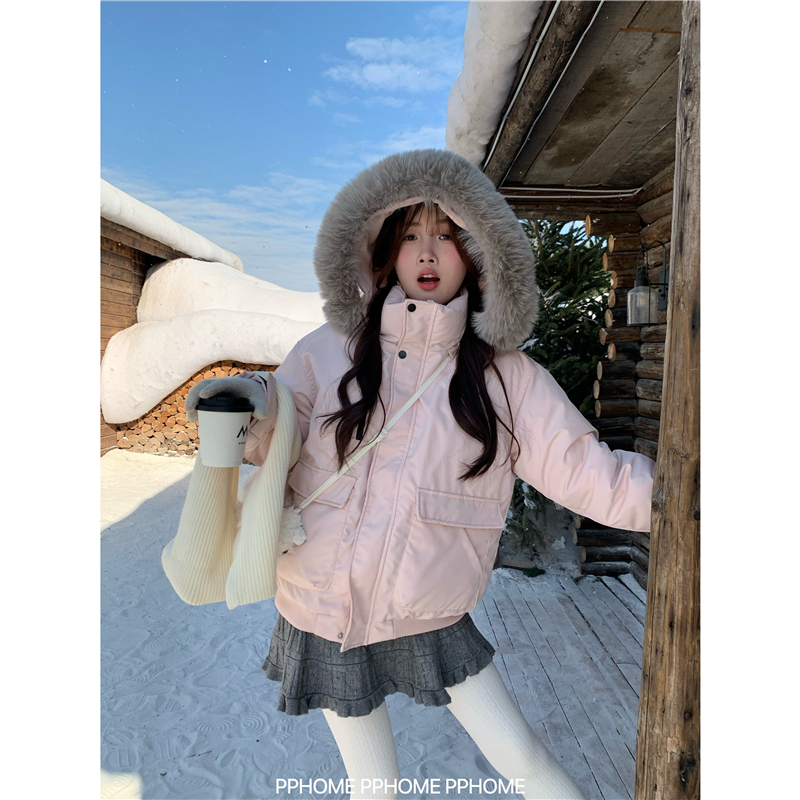 Pphome Homemade ~ Sweet Pink Parker Loose Large Fur Collar Hooded Cotton Jacket Winter Warm and Versatile Cotton Jacket for Women