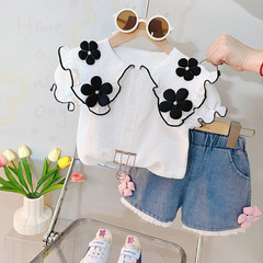 Yikids韓版氣質女童夏裝女寶寶花朵領薄款襯衫牛仔短褲兩件套