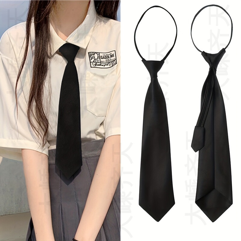 Women Solid Color Black Tie Uniform Shirt Suit Lazy Tie for Daily Use