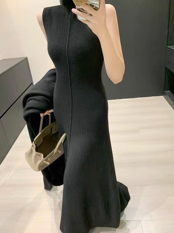 时尚气质高级感针织套装女秋冬新款半高领背心连衣裙+开衫两件套|undefined
