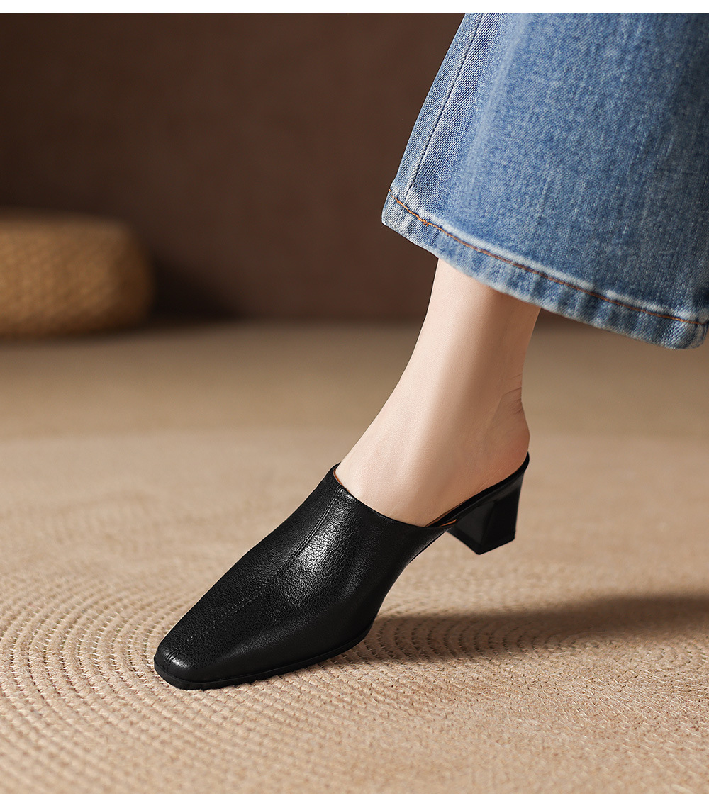 Giày sandal cao gót nữ hở mũi da bò gót thô 5 cm — đen chi tiết 15
