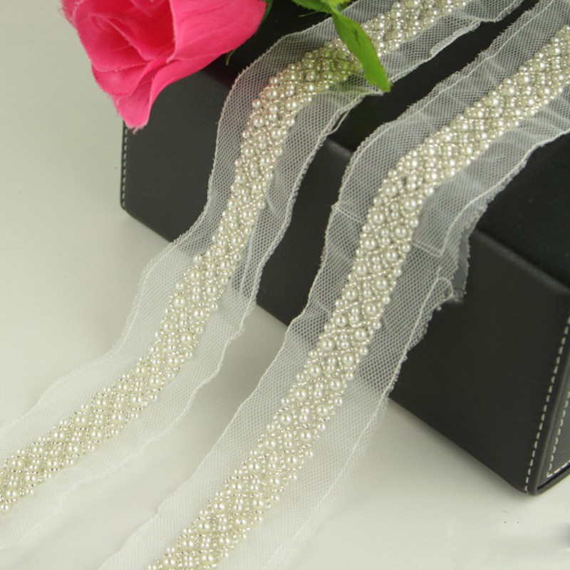 H117-1317 1.5CM 双排菱形珍珠花边网纱钉珠手工花边