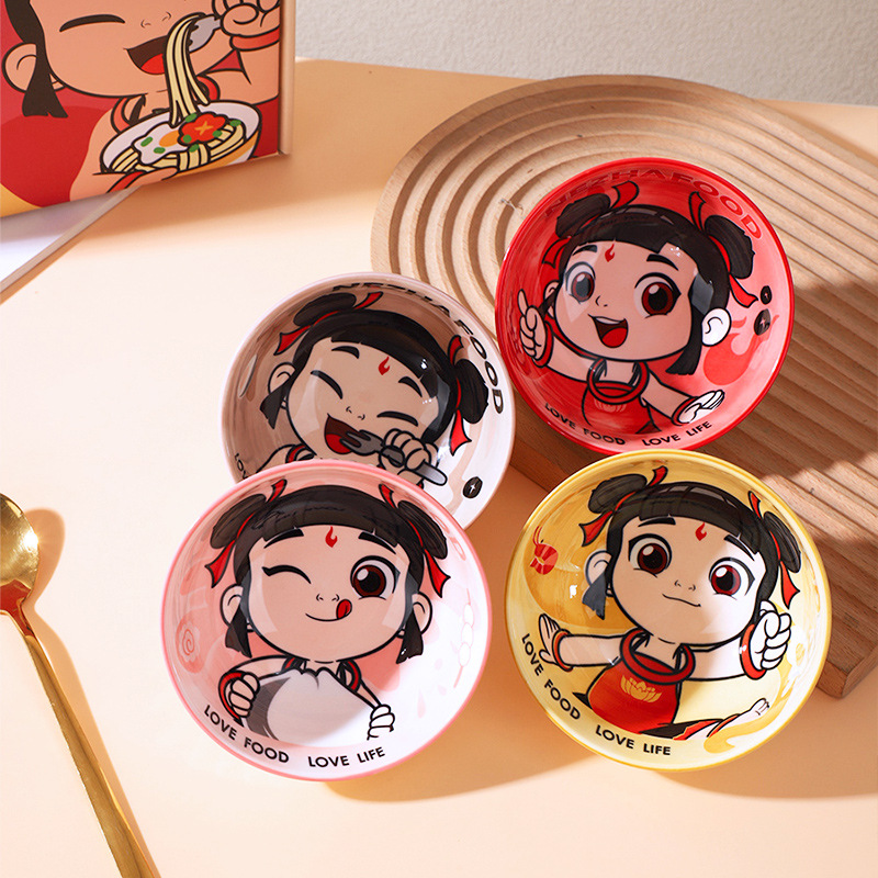 Tazón de arroz para niños Nezha para niños, vajilla linda de color bajo vidriado, suplemento de alimentos para el hogar creativo de alto valor, padres e hijos se mudan a un nuevo hogar