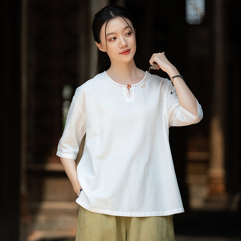 25夏棉麻女装新款中式复古盘扣手工缝线圆领套头上衣女式衬衫T恤