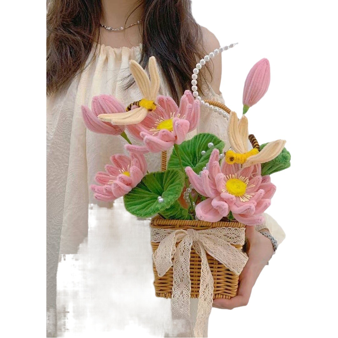 Hecho a mano DIY Twisted stick Lotus bouquet paquete material cesta de flores artificiales regalo cumpleaños del Día San Valentín para la novia