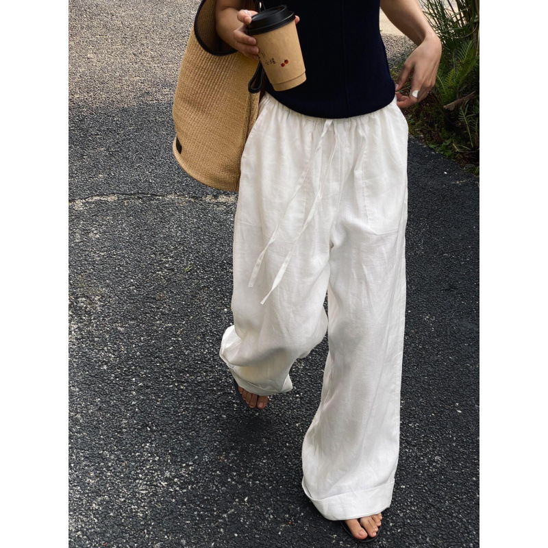 White Cotton and Linen Wide-Leg Pants, Summer Lightweight Pants for Women, Trendy Sycamore Pants with Drape, Floor-Length Linen Trousers