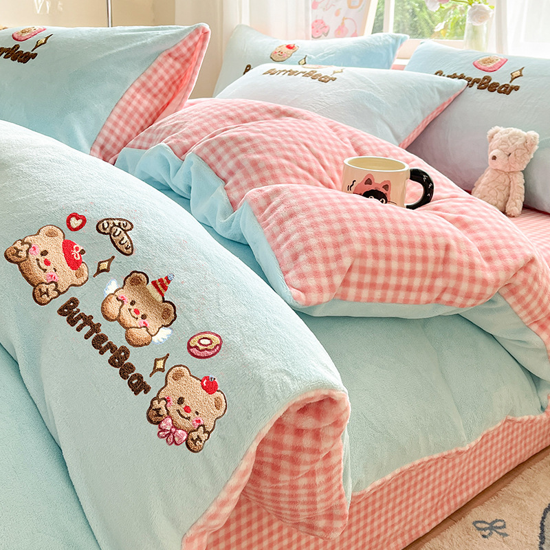 Invierno de doble cara engrosado leche cama de peluche cuatro piezas más cama de peluche cubierta sábanas de franela de coral