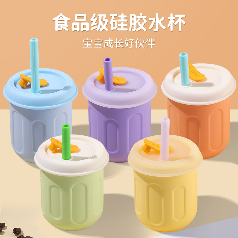 Children's Silicone Suction Cup Multicolor with Lid Collocation High-value Baby Drinking Cup Suction Cup Drop-proof Leak-proof