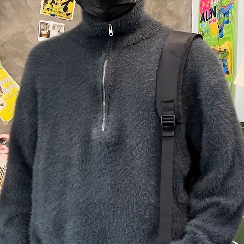 Men's Semi-Zip High Collar Knit Sweater - Cleanfit Retro Fox Fur Loose Soft Wool Hooded Knit Top