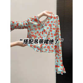 仅用于产品展示勿拍-法式复古碎花开衫女长袖V领T恤短款显瘦气质2