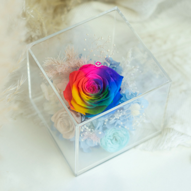 Caja de flores acrílica cuadrada con rosa eterna de Yunnan, regalo de alta gama para el Día de la Madre y el Día de San Valentín, adorno de flor eterna.