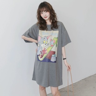 Summer New Pregnant Women's Dress Loose Large Size Belly-Covering T-Shirt Dress Cartoon Printed Age-Reducing Dress Trendy Mom