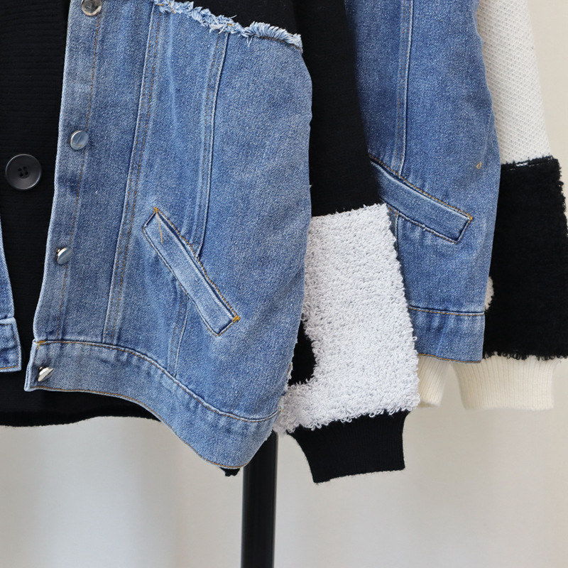Damenbekleidung 2024 Herbst und Winter neue Patchwork-Denim-Strickjacke lockeres lässiges Design farblich passende Lazy-Pullover-Jacke für Damen_voghion.com