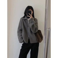 灰色浣熊绒半高领立领双拉链毛衣外套女秋冬加厚外搭外穿针织开衫