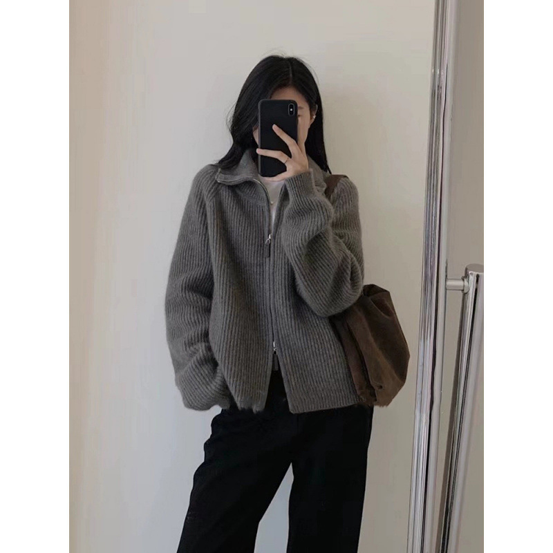 灰色浣熊绒半高领立领双拉链毛衣外套女秋冬加厚外搭外穿针织开衫|undefined