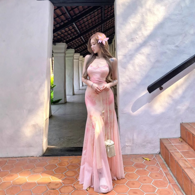 Lace Splicing Printed Suspender Dress Women's Summer Mesh Fishtail Skirt Design Waist Skirt Hip-Covering Long Skirt