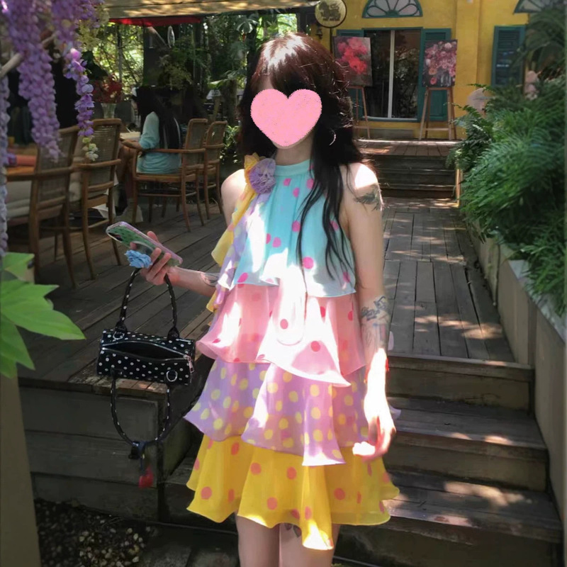 Colorful Dopamine Halter Neck Polka Dot Cake Dress for Women, Sweet Summer Dress for Meidong Town Beach Vacation Travel