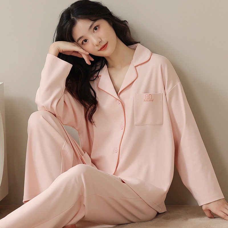 Spring and Autumn Women's Long Sleeve Pajamas Cardigan Youth Solid Color Simple Lapel Home Clothes Autumn and Winter suit