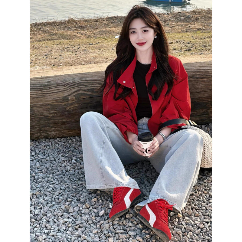 2025 Early Autumn New Short Baseball Jacket for Petite Women, Stylish Stand Collar Red Windbreaker Coat for Spring and Autumn
