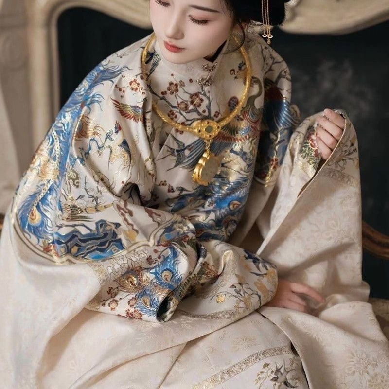Ming-Style Round-Neck Robe, Long Coat, Heavy Gold Embroidery, Floral Hanfu for Women, Ethereal Style, All-Season, Other Brands, Han Dynasty